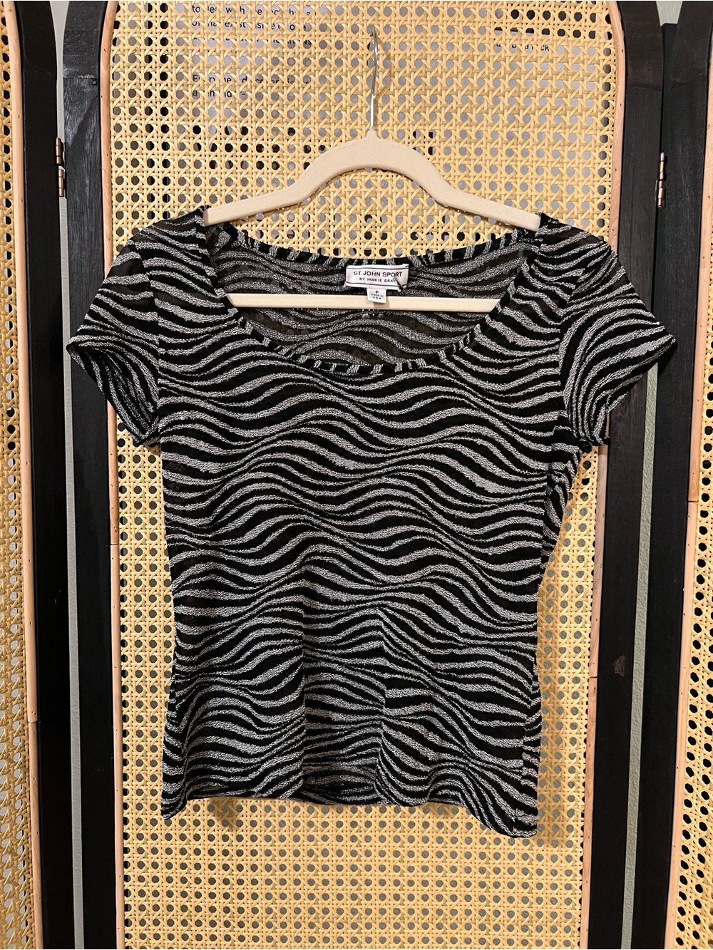 Vintage St. John Sport by Marie Gray Black & Silver Sheer Tee